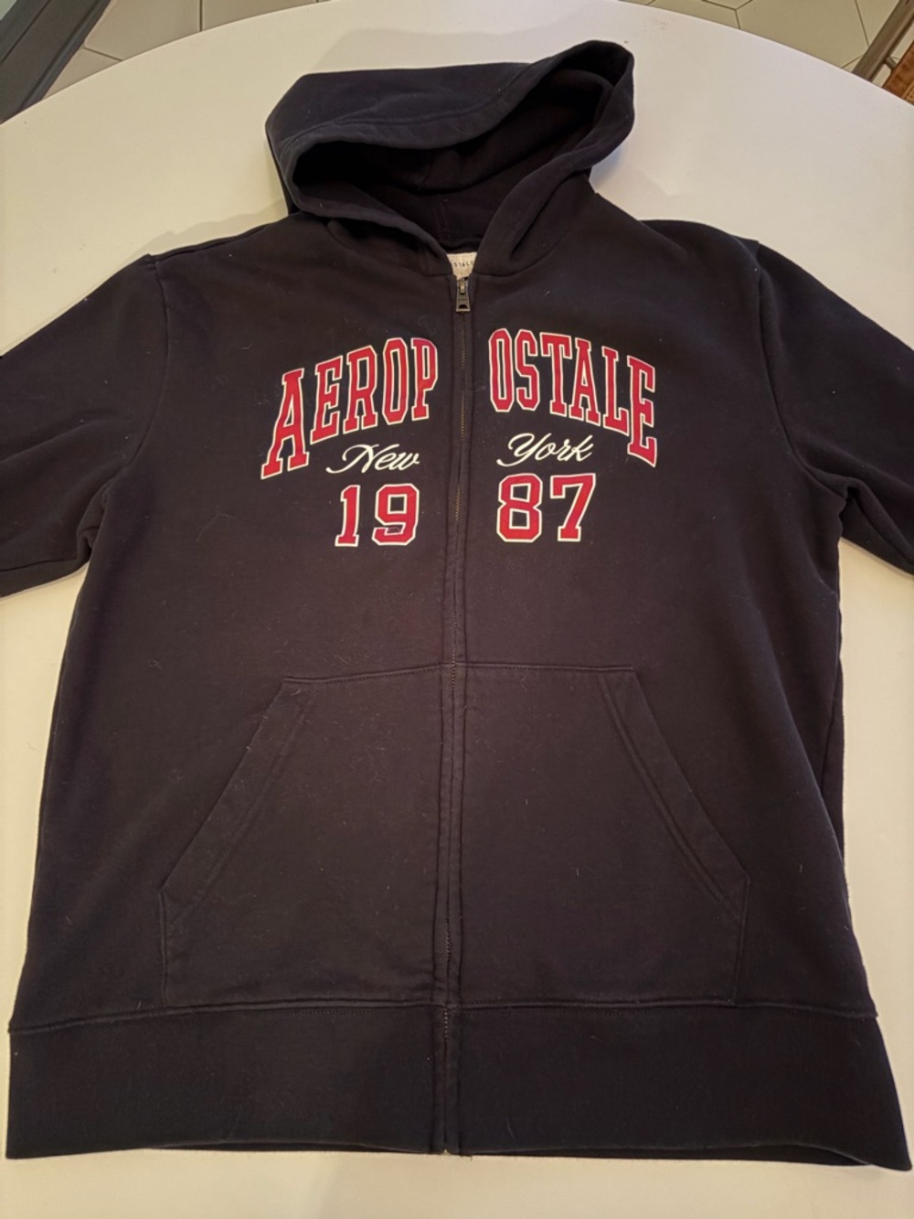Aeropostale Navy Zip-Up Hoodie with Red and White Logo